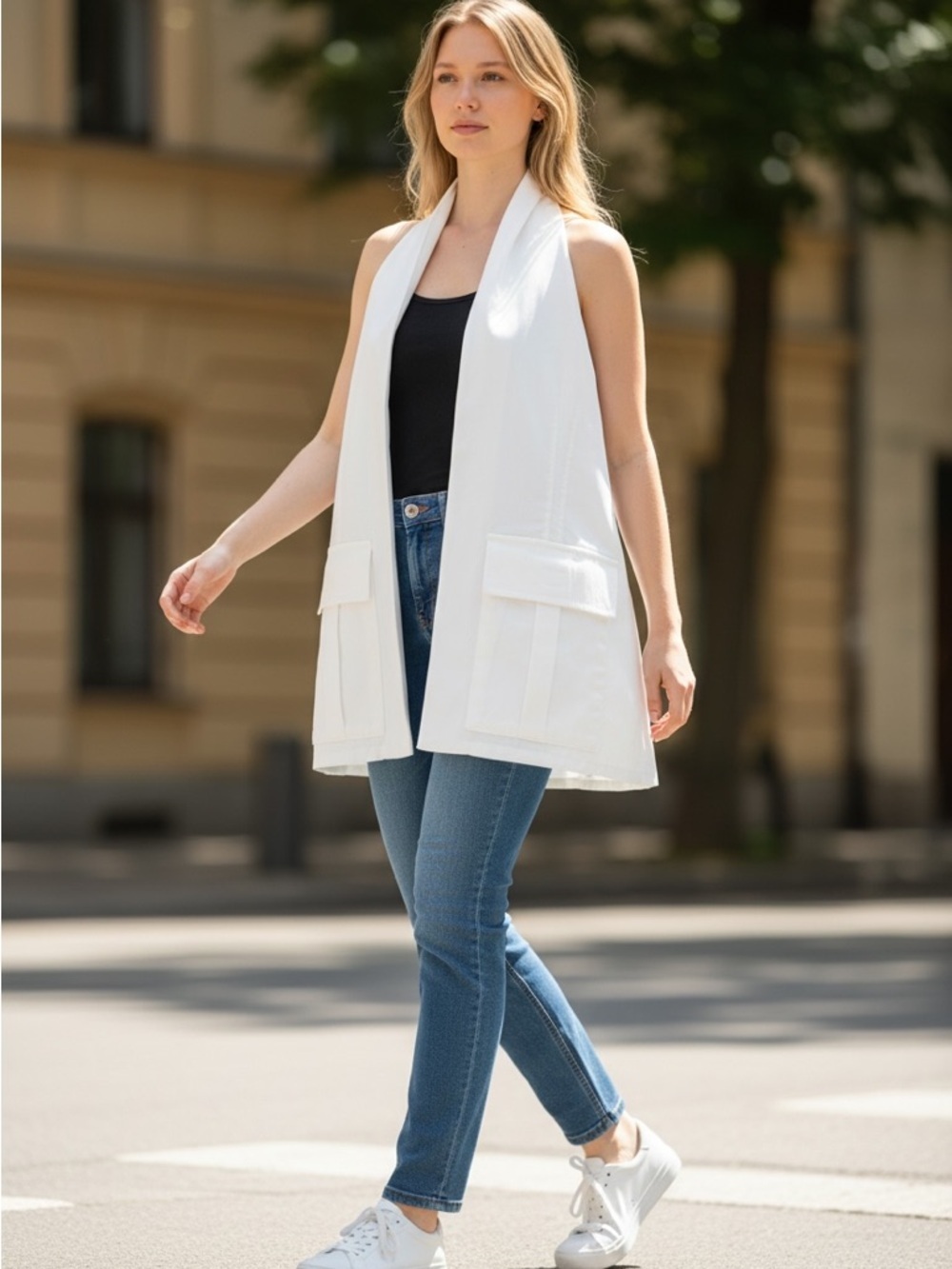 Zara White Sleeveless Long Vest with Patch Pockets